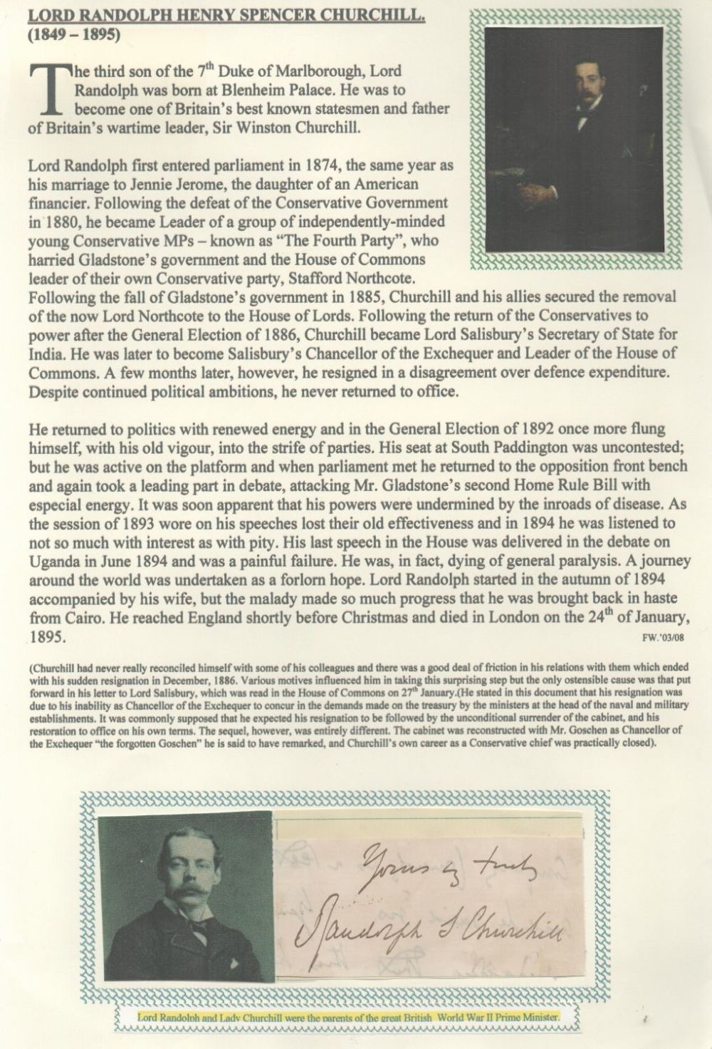 Lot 569: Lord Randolph Henry Churchill 10x8 signature piece. Good...