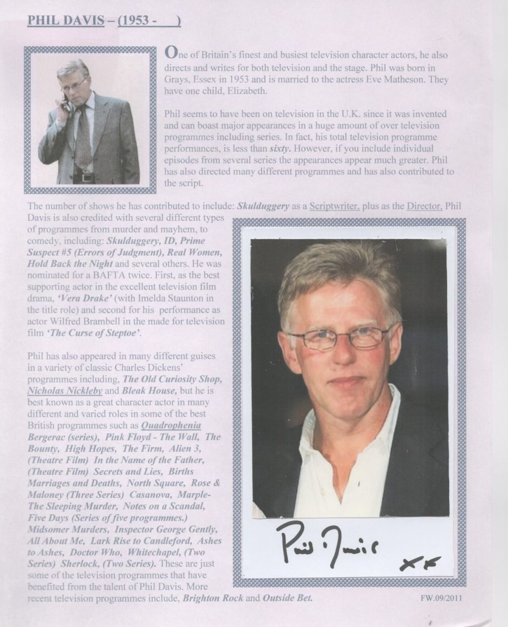 Lot 572: Phil Davis signed 6x4 colour photo attached to...