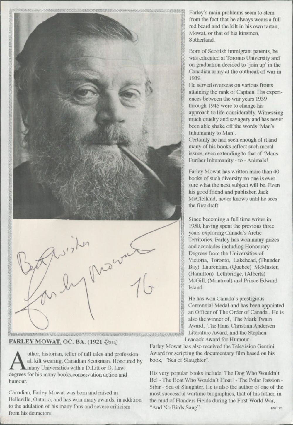 Lot 575: Farley Mowat signed 8x5 signature piece with bio...