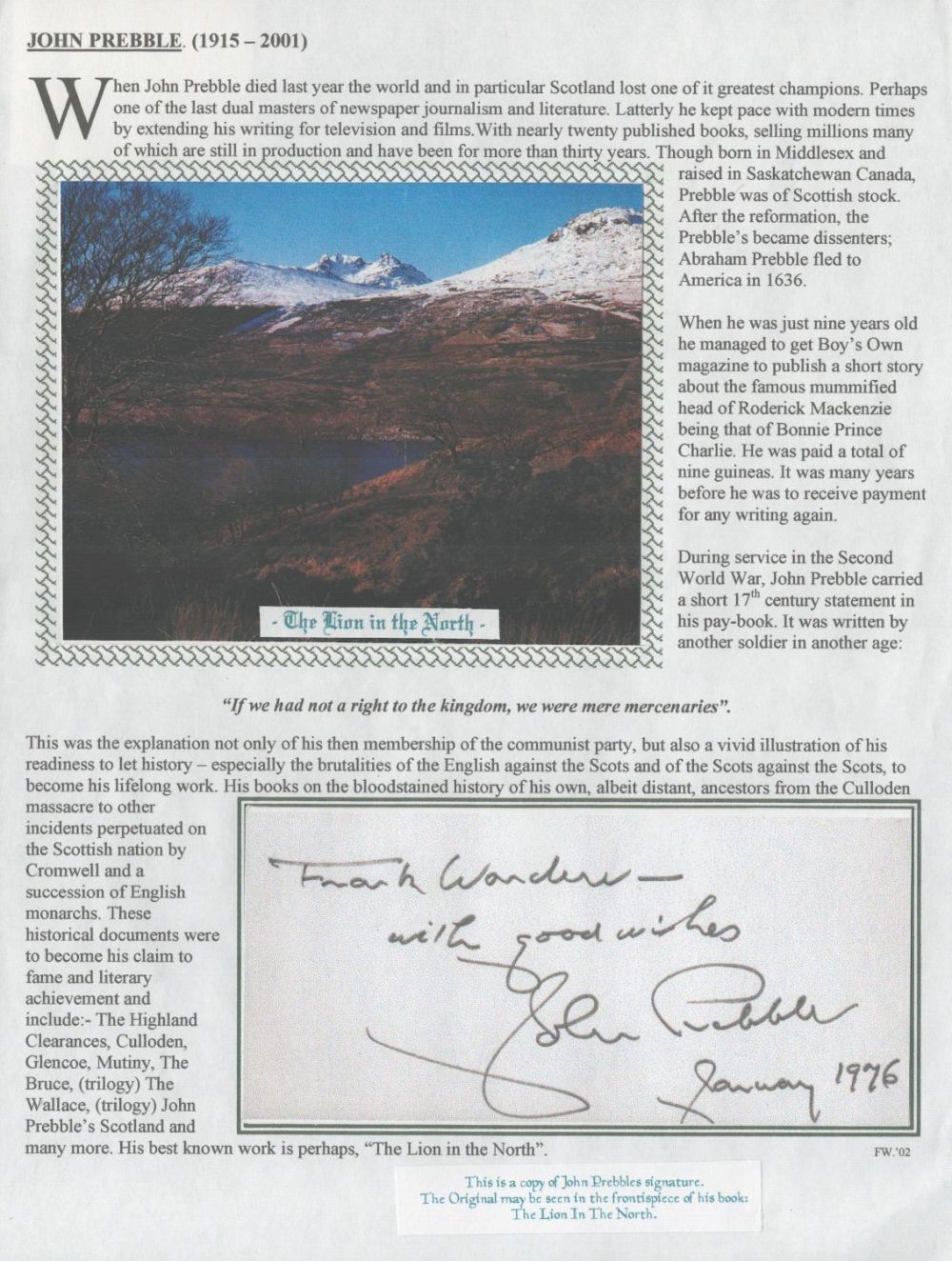 Lot 576: John Prebble signed 10x8 signature piece. Good condition....