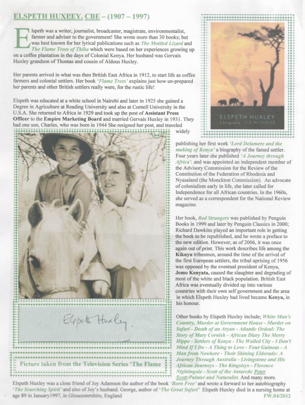 Lot 579: Elspeth Huxley signed 6x4 black and white signed...