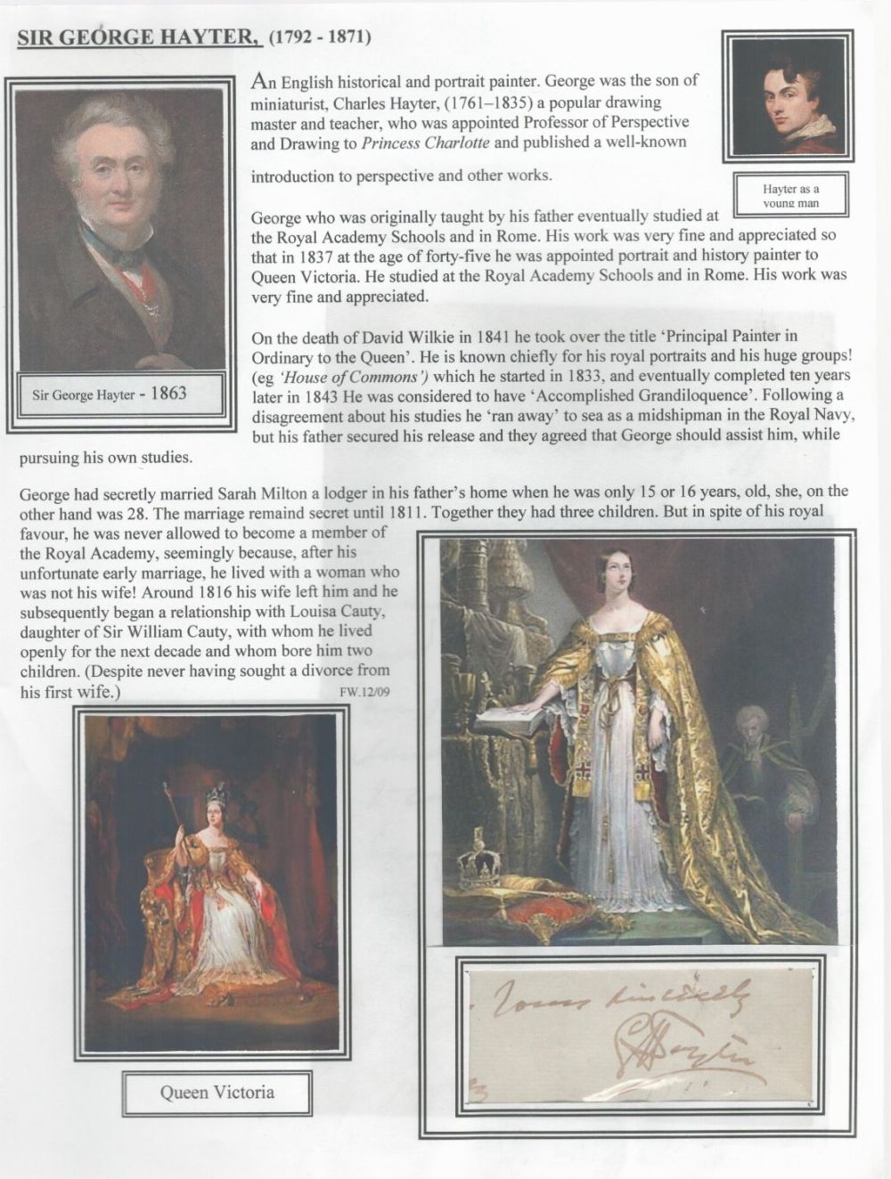 Lot 582: Sir George Hayter 10x8 signature piece. Good condition....