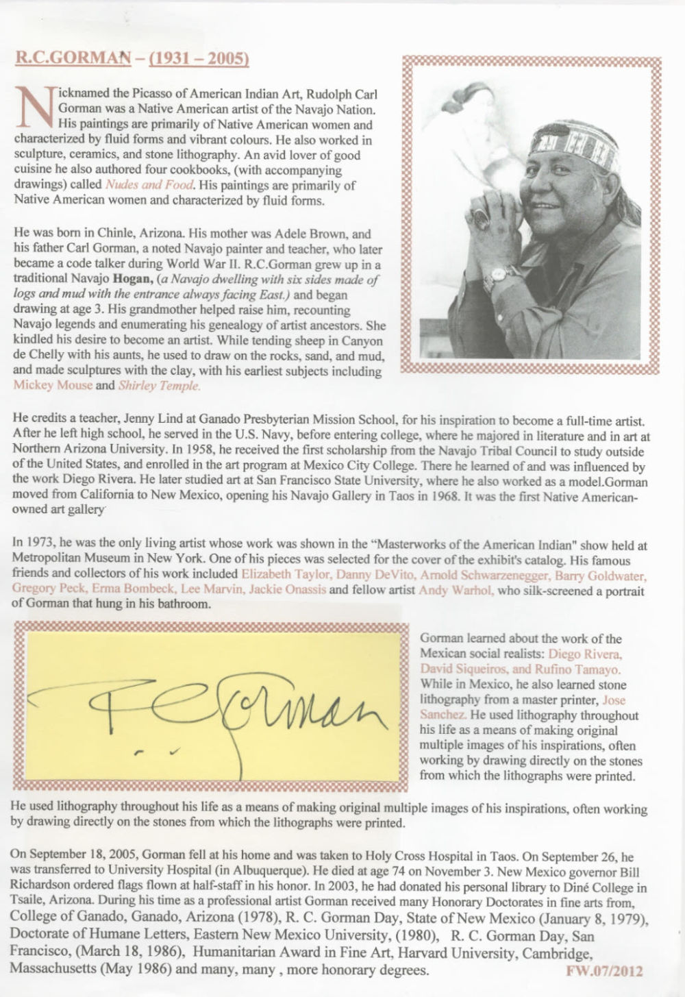 Lot 585: R.C Gorman signed album page cutout 4x2 attached...