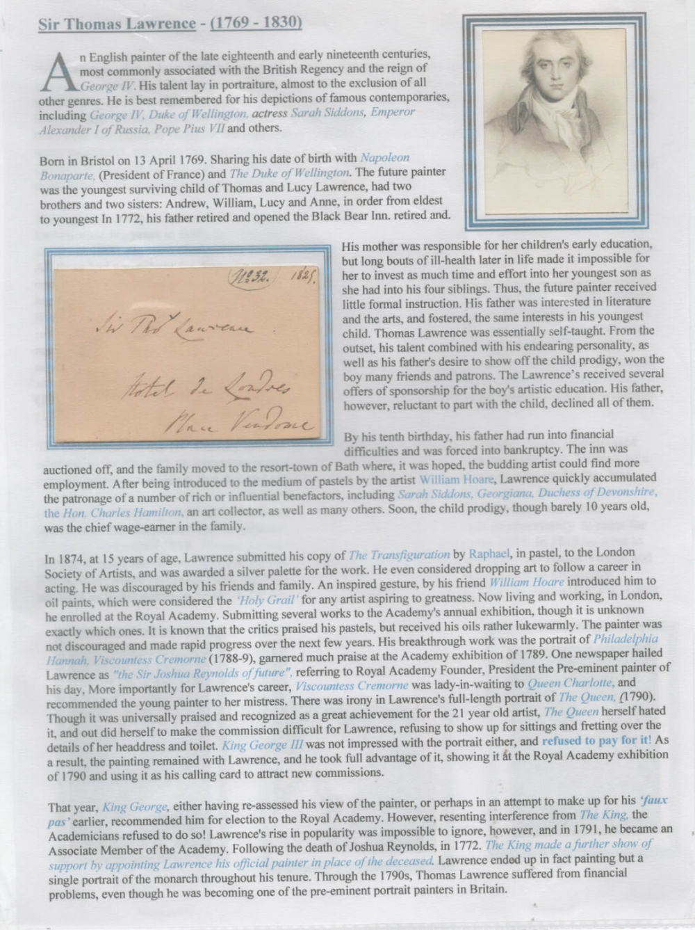 Lot 598: Sir Thomas Lawrence 10x8 signature piece. Good condition....