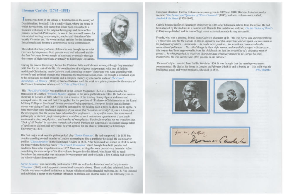 Lot 599: Thomas Carlyle 10x8 signature piece. Good condition. All...