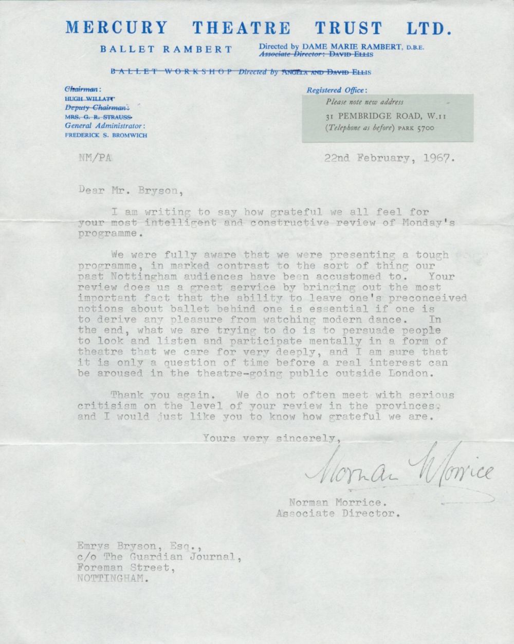 Lot 270: Theatre Norman Morrice TLS, Dated 22nd February 1967,...
