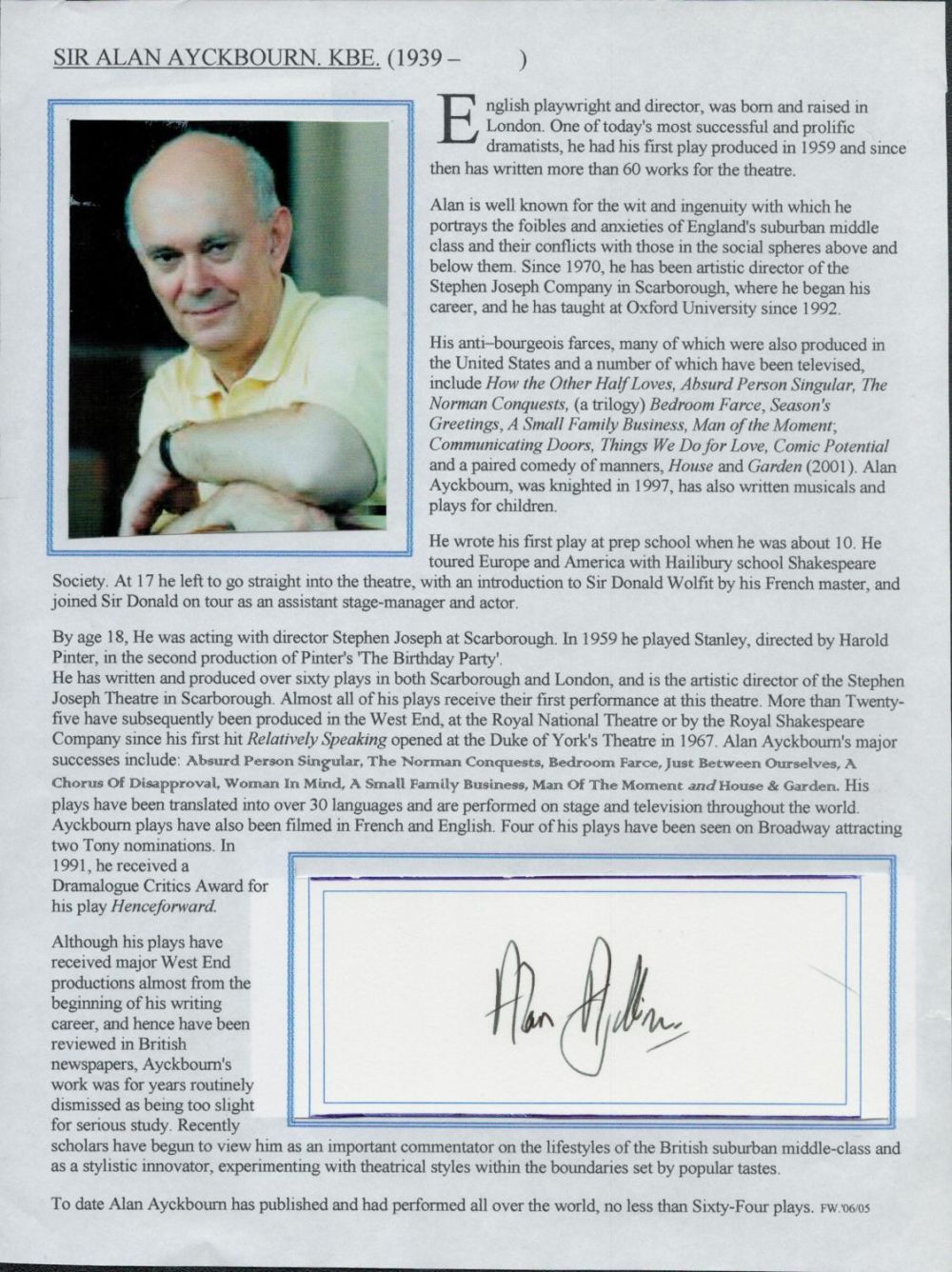Lot 325: Sir Alan Ayckbourn KBE Signed Colour Photo Bio...
