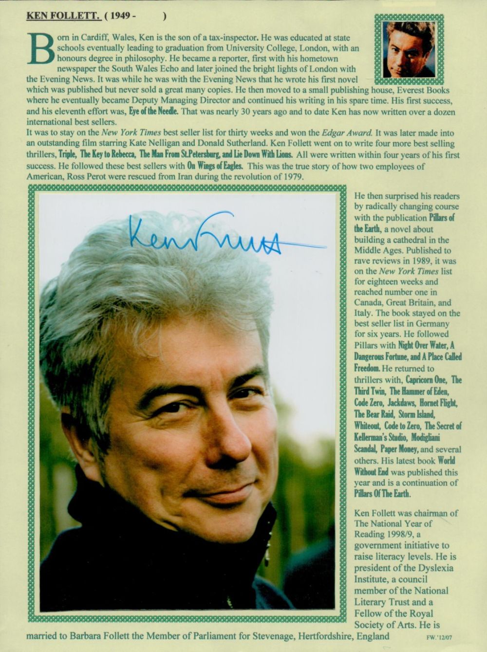 Lot 328: Ken Follett Signed Colour Photo Bio Sheet. Approx....