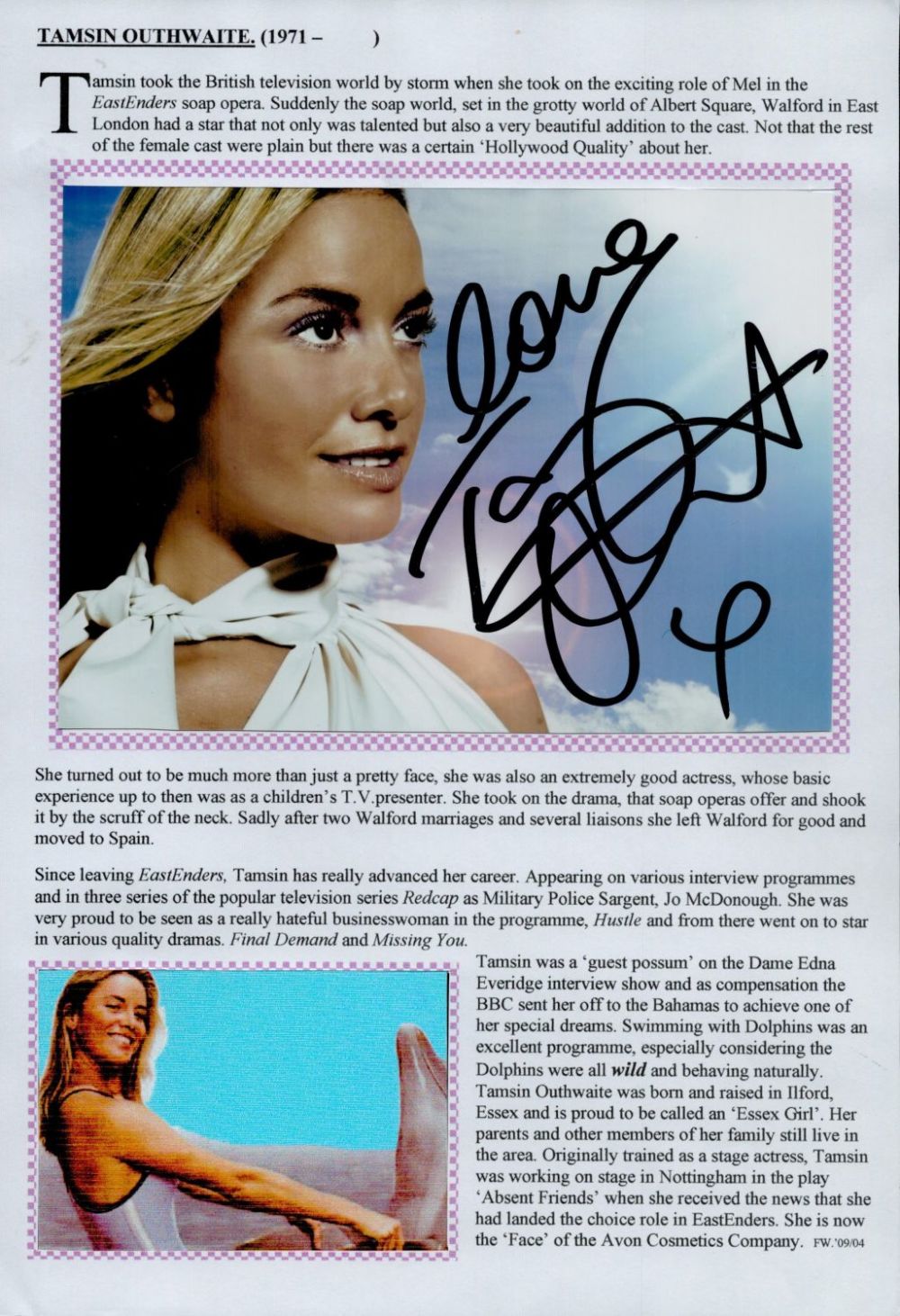 Lot 331: Tamsin Outhwaite signed 7x5 colour photo with bio...