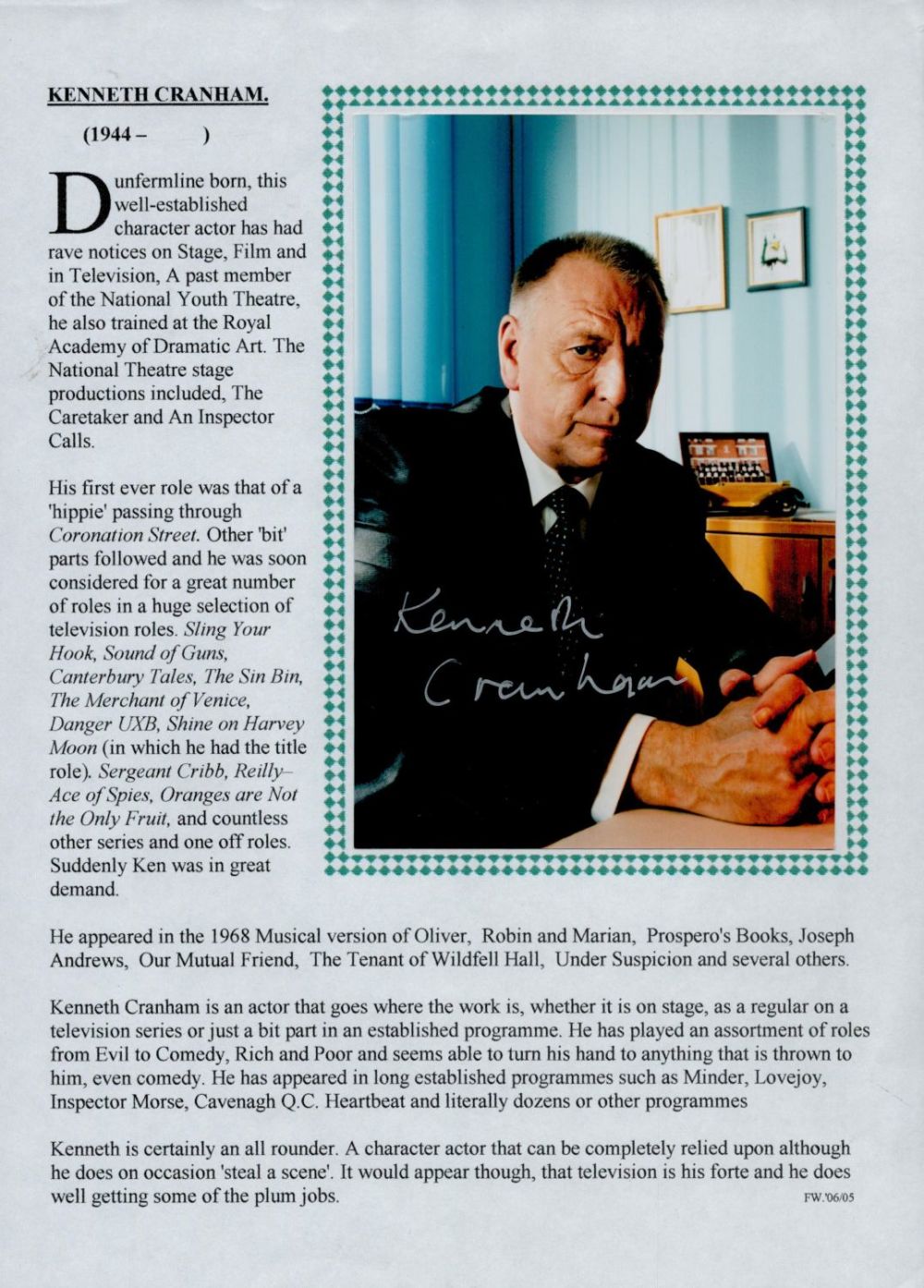 Lot 334: Kenneth Cranham signed 6x4inch colour photo with bio...