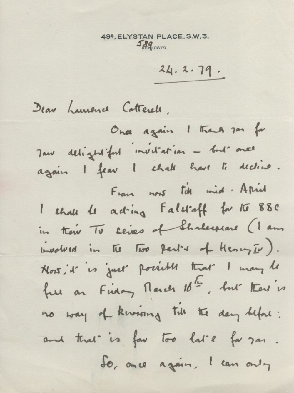 Lot 432: Anthony Quayle ALS dated 24.2.79 interesting letter in...
