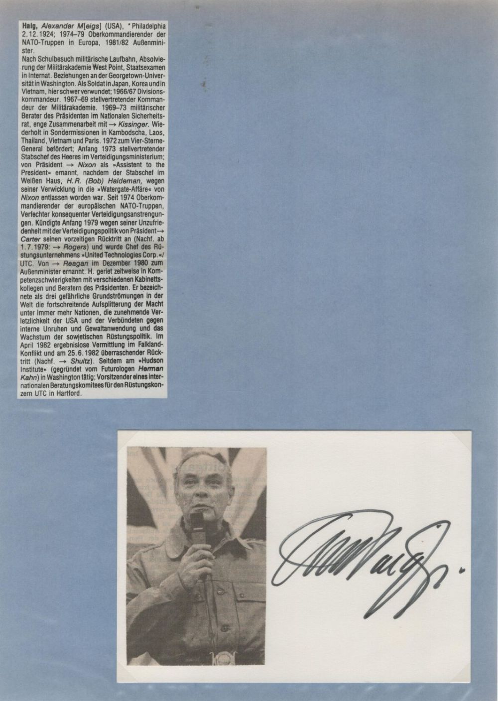 Lot 514: Alexander Haig signed 6x4 white card includes affixed...