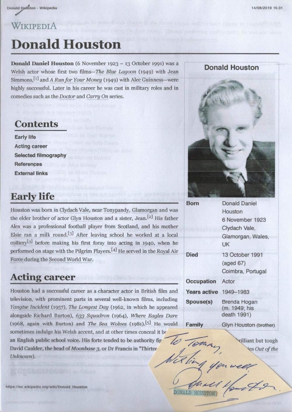 Lot 613: Donald Houston signed album cut-out. Houston was a...