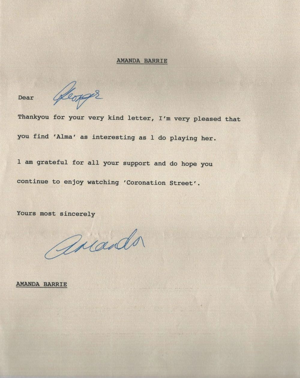 Lot 618: Amanda Barrie TLS in which she thanks a...