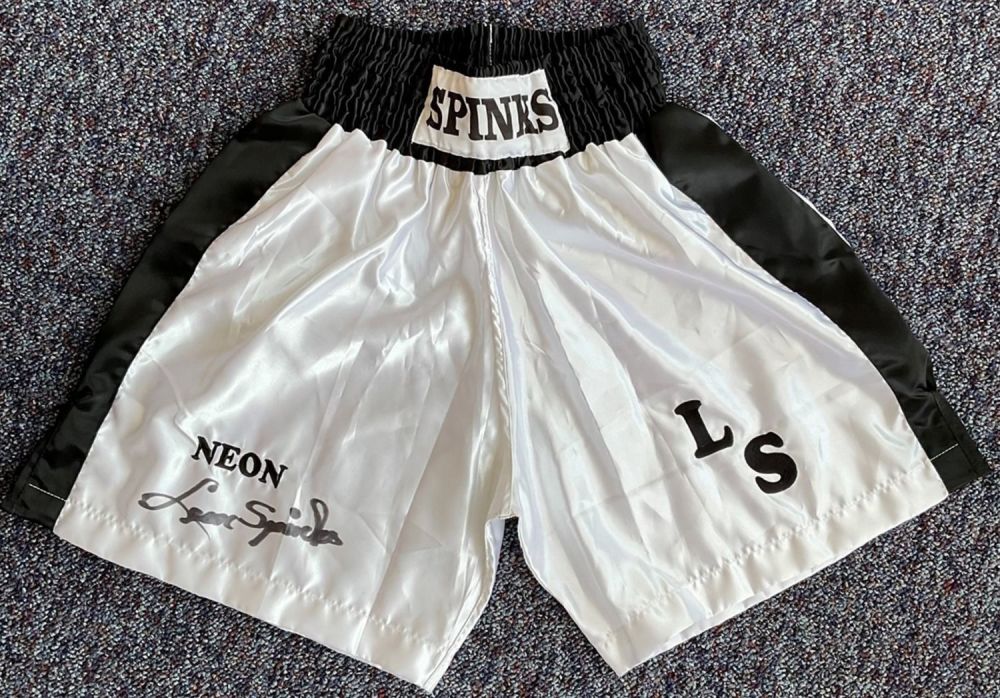 Lot 695: Boxing Legend, Leon Spinks Signed Personalised Boxing Shorts....