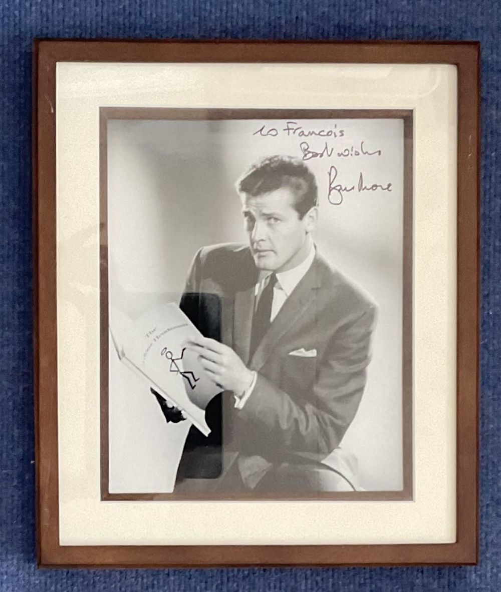 Lot 100: Roger Moore signed 13x12 inch overall framed and...