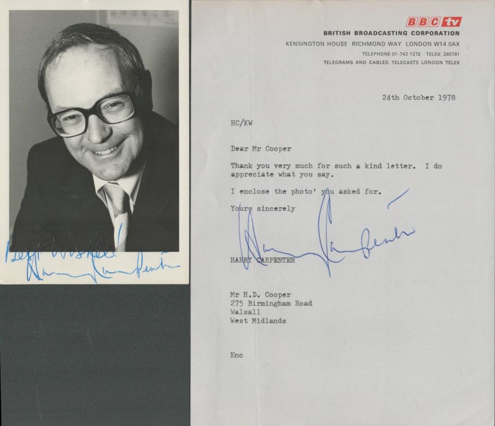 Lot 239: HARRY CARPENTER signed 6x4inch black and white photo...