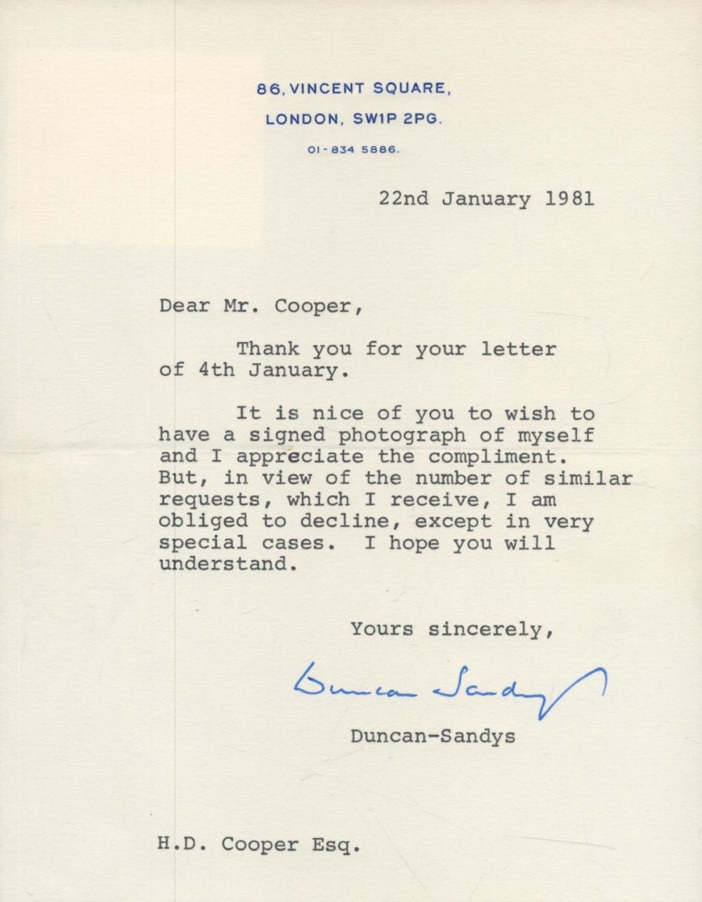 Lot 270: LORD EDWIN DUNCAN-SANDYS Minister in Harold Macmillan's govt...