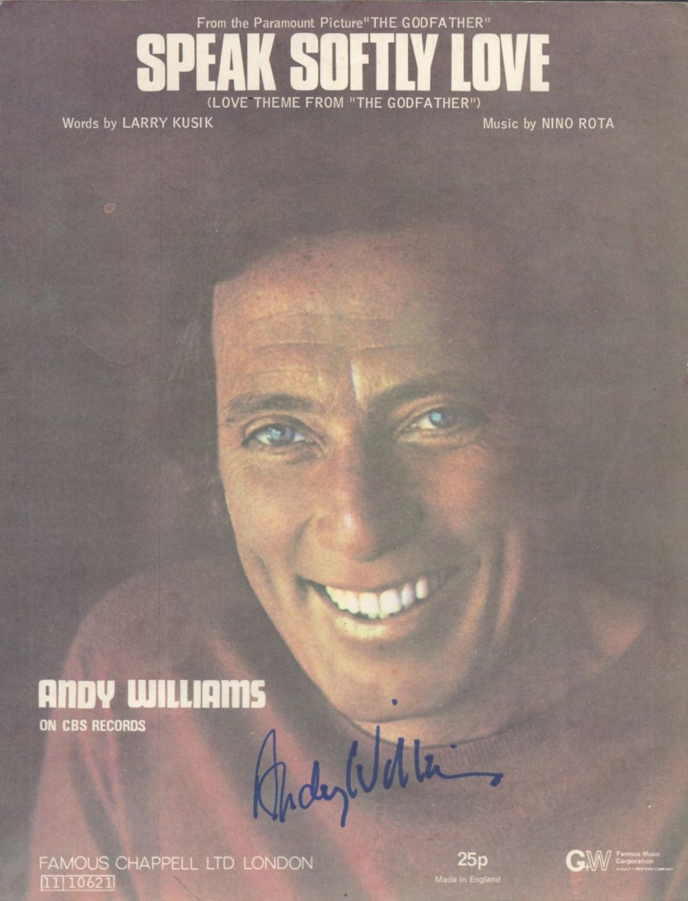 Lot 318: Andy Williams (1927-2012) Singer Signed 1972 Theme From...