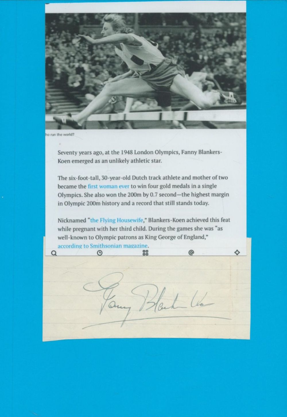 Lot 104: Athletics Fanny Blankers Koen 8x6 inch signature piece...