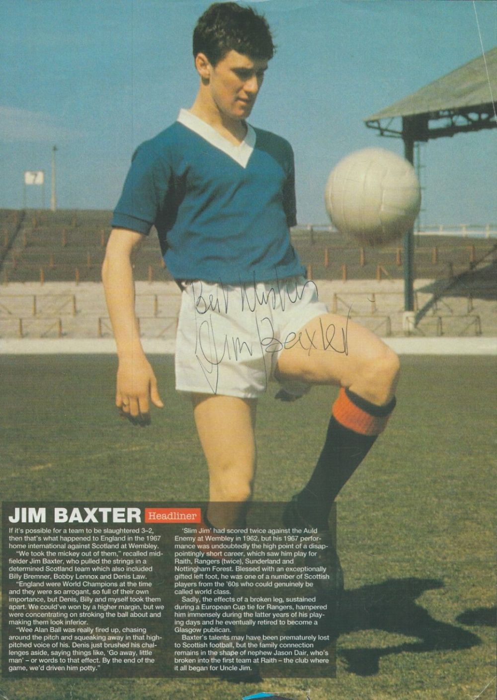 Lot 214: Football Jim Baxter signed 12x8 colour magazine page....