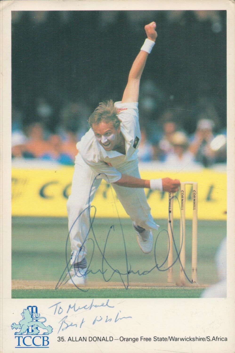 Lot 653: Cricket Allan Donald signed TCCB 6x4 inch colour...