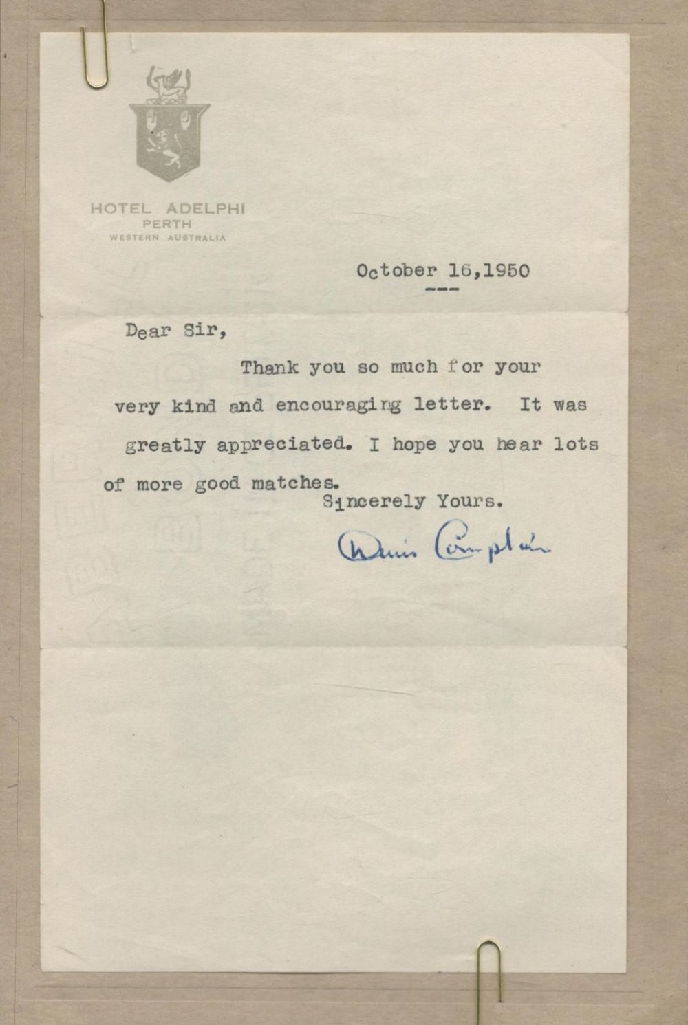 Lot 655: Cricket Dennis Compton vintage TLS dated October 16,...
