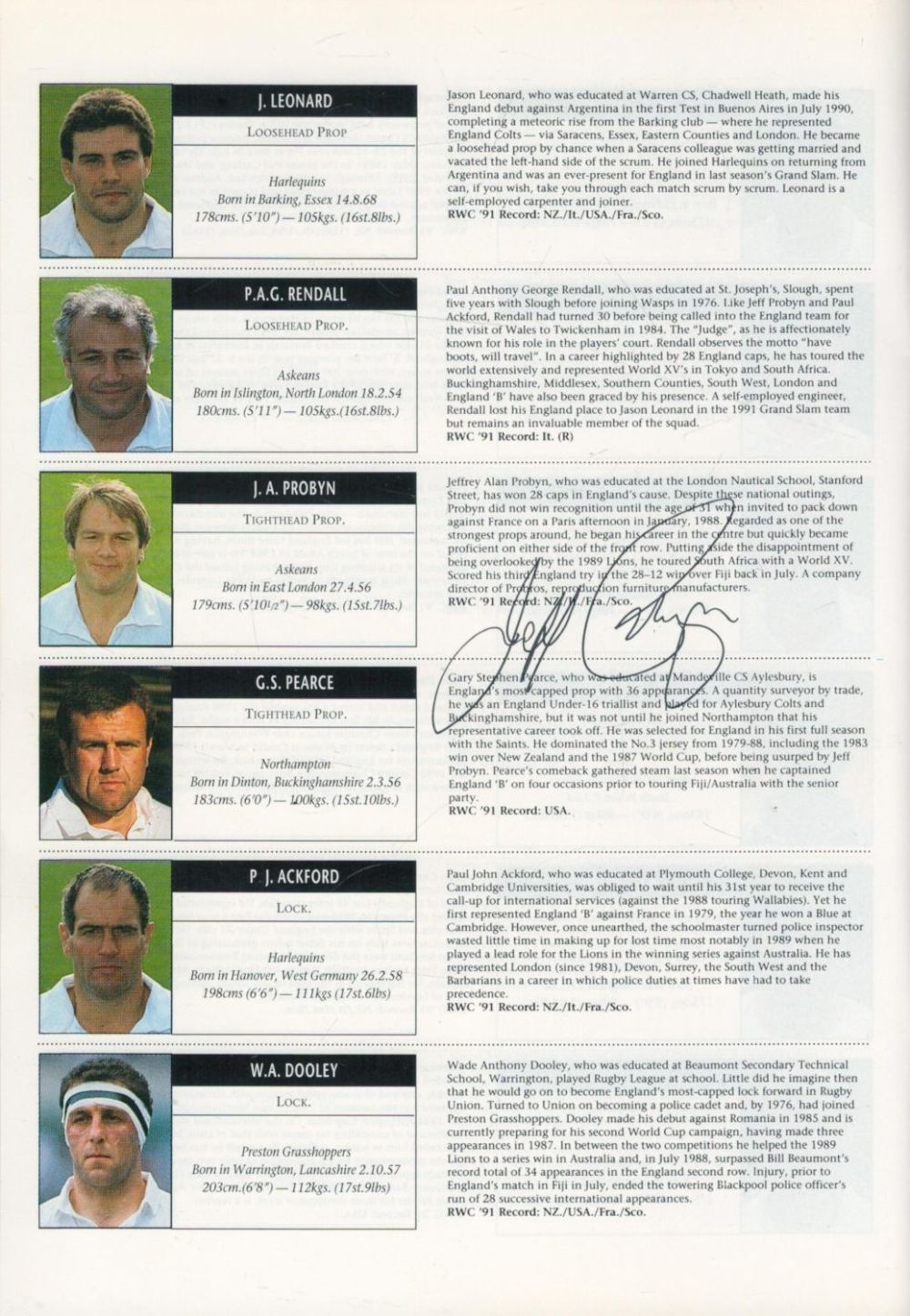 Lot 659: Rugby Union Jeff Probyn signed Australia v England...