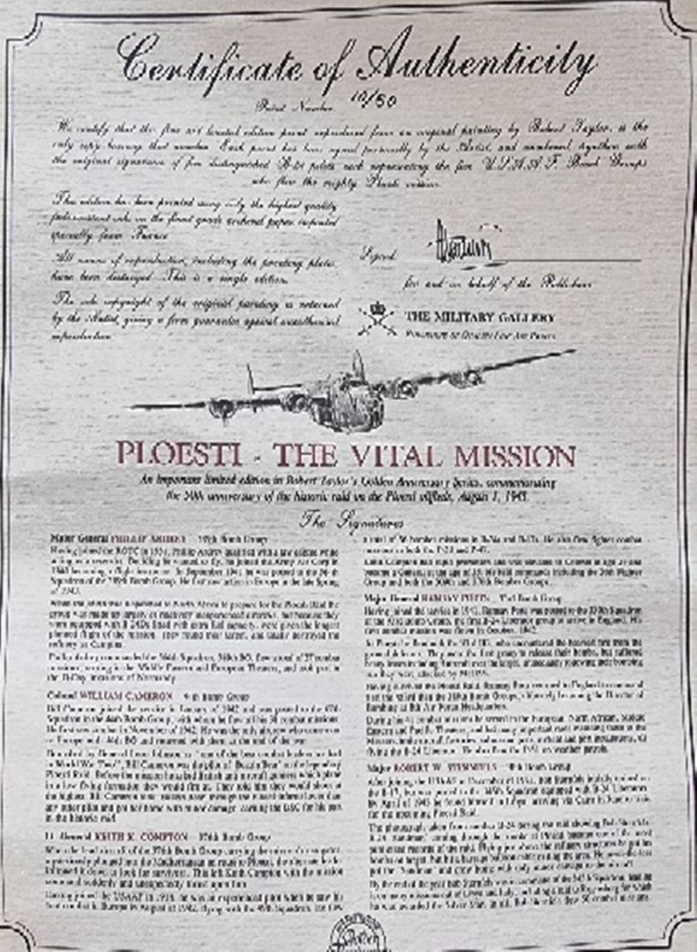 Lot 113: WW2 Colour Print Titled Ploesti - The Vital...