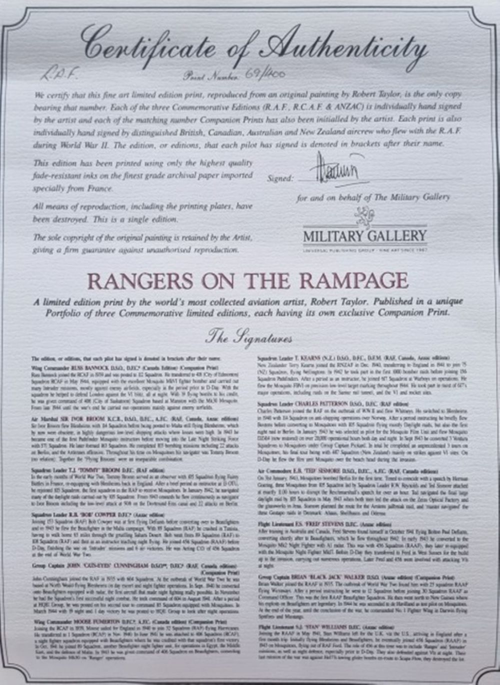 Lot 138: WW2 Colour Print Titled Rangers On The Rampage...