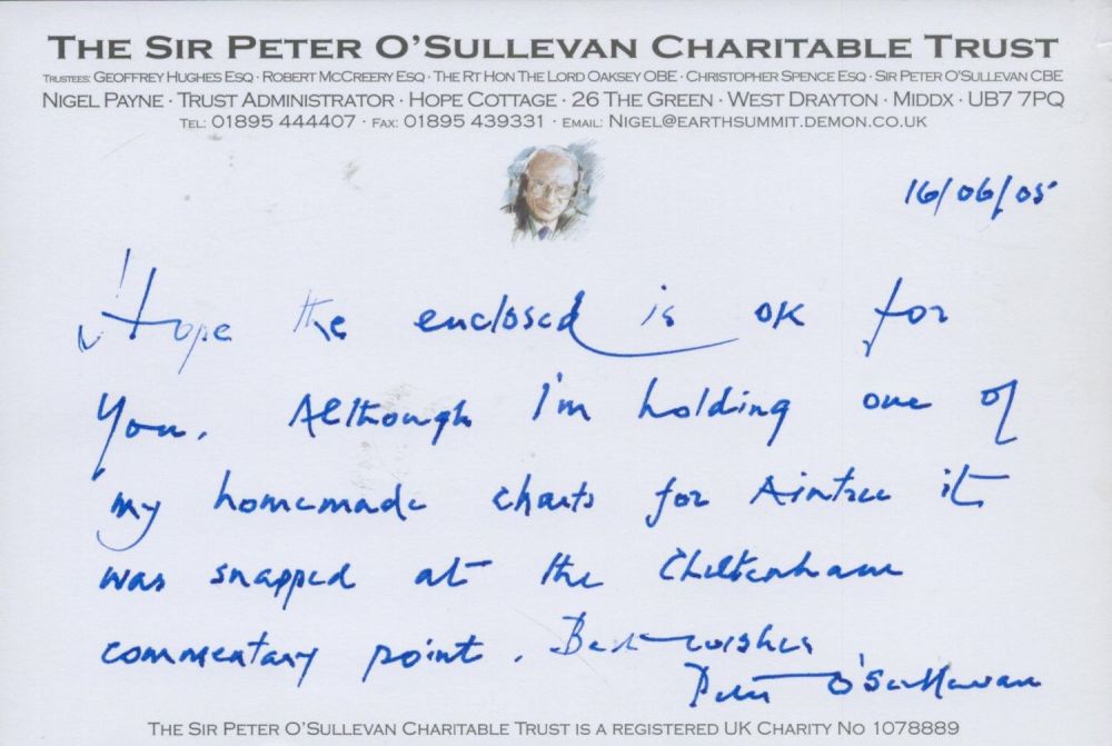 Lot 111: Sir Peter O'Sullivan signed 6x4 Charitable Trust inscribed...