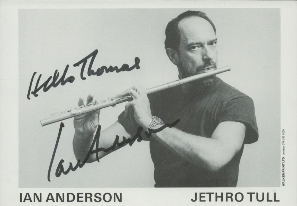Lot 131: Ian Anderson signed 6x4 inch Jethro Tull black...