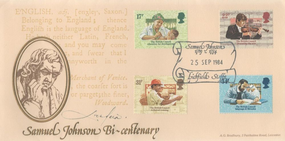 Lot 173: Lord Litchfield signed Samuel Johnson Bi-Centenary FDC. 4...