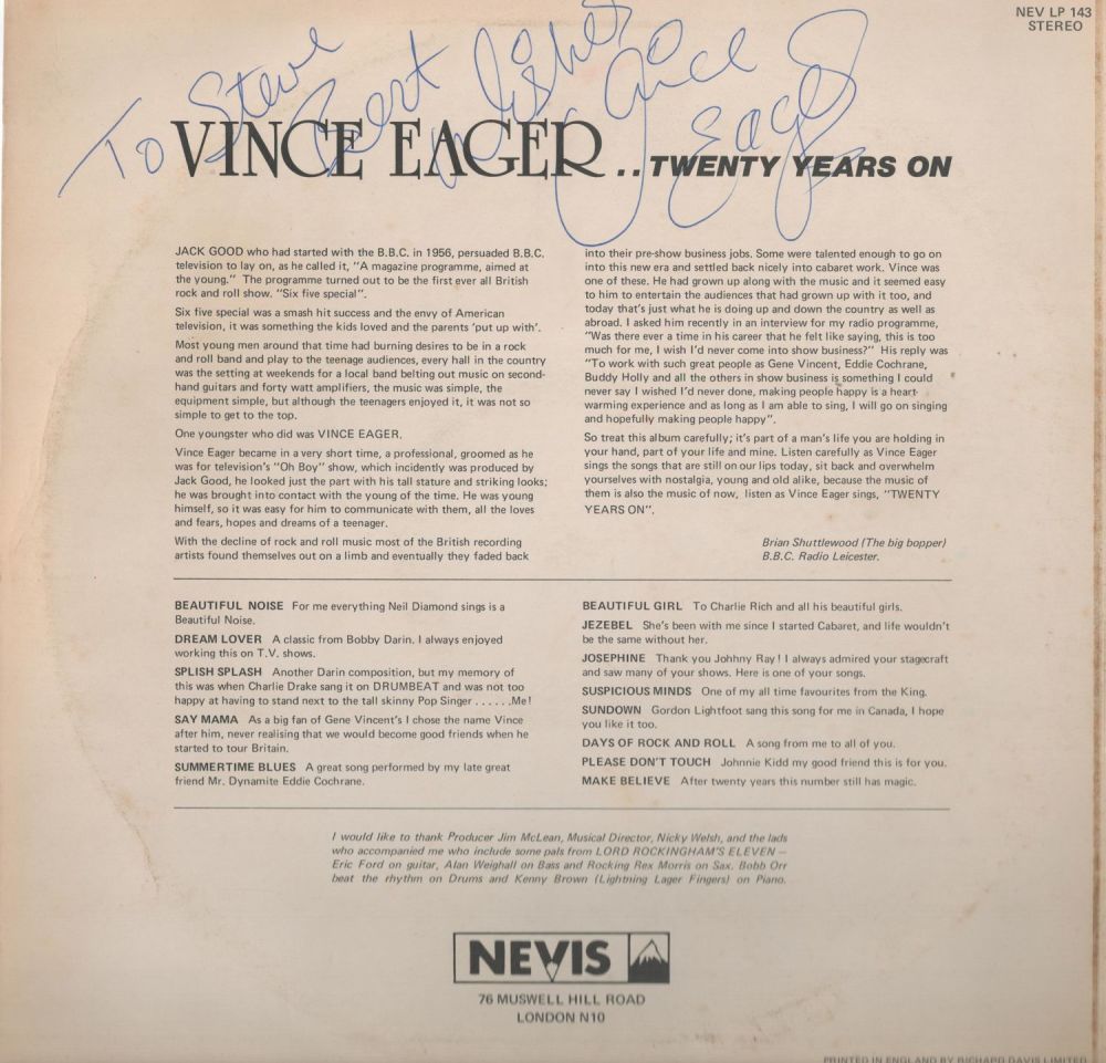 Lot 315: Vince Eager English Singer Signed Lp Record 'Twenty...