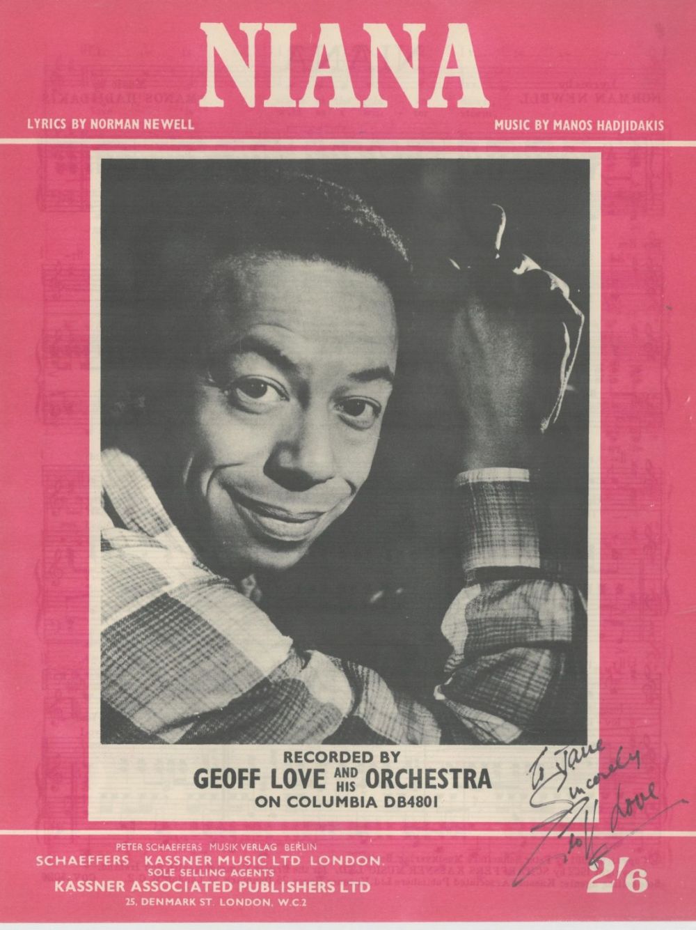 Lot 321: Geoff Love (1917-1991) British Composer Signed 'Niana' Sheet...