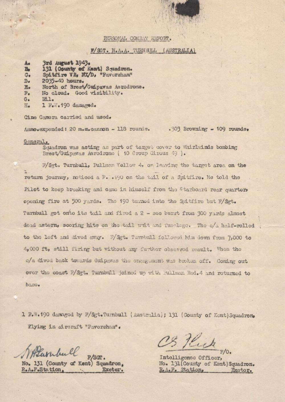 Lot 598: WW2 RAF Spitfire ace N.A Turnbull signed A4...