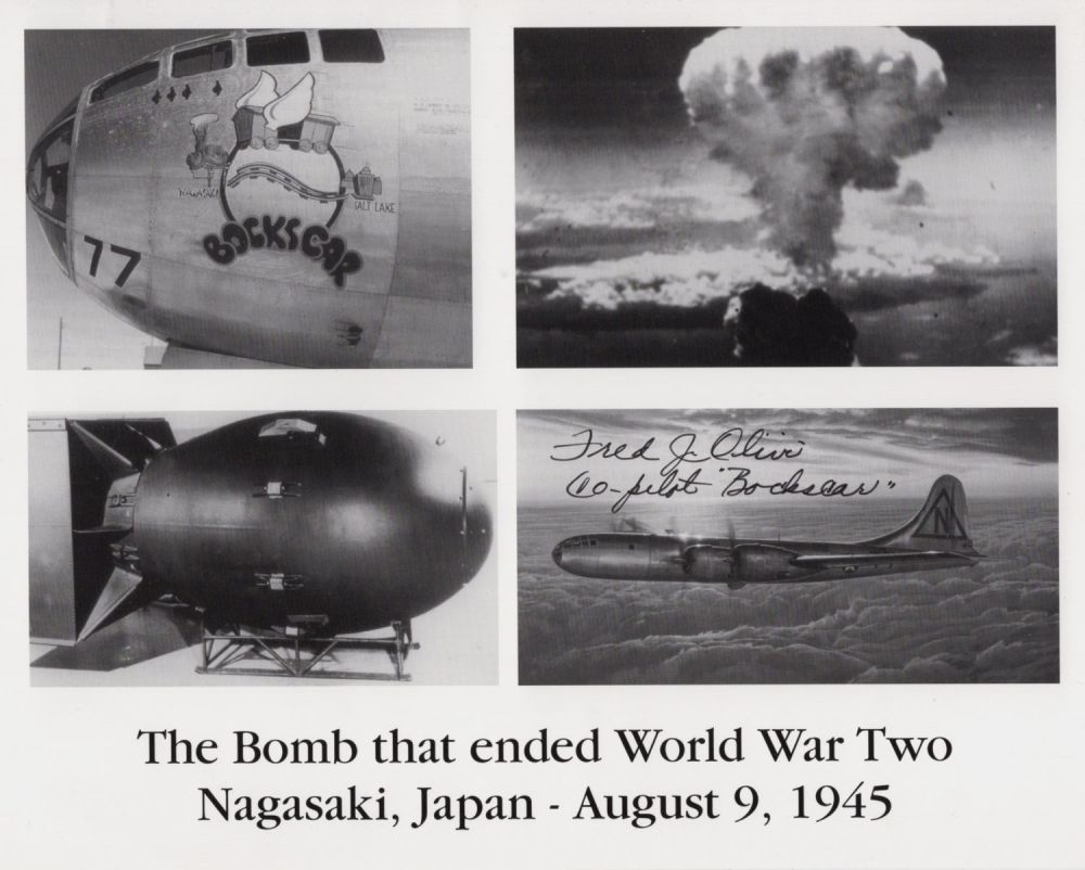 Lot 750: WW2 Nagasaki bomb pilot Fred Olivi signed 8x10...