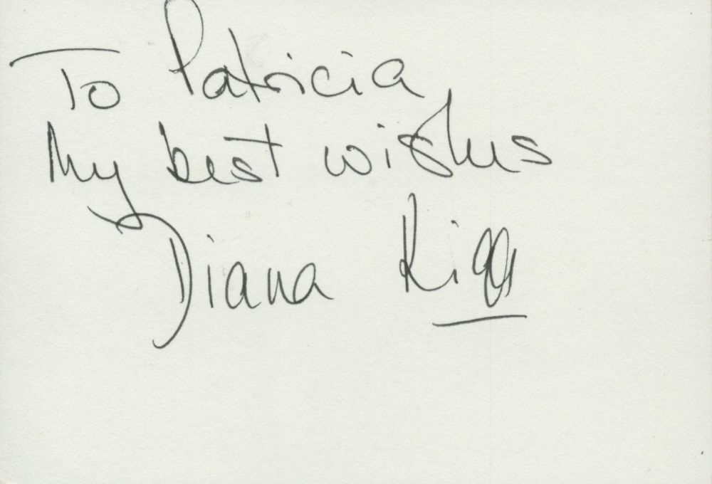 Lot 264: Diana Rigg signed autograph small white card. Dedicated....