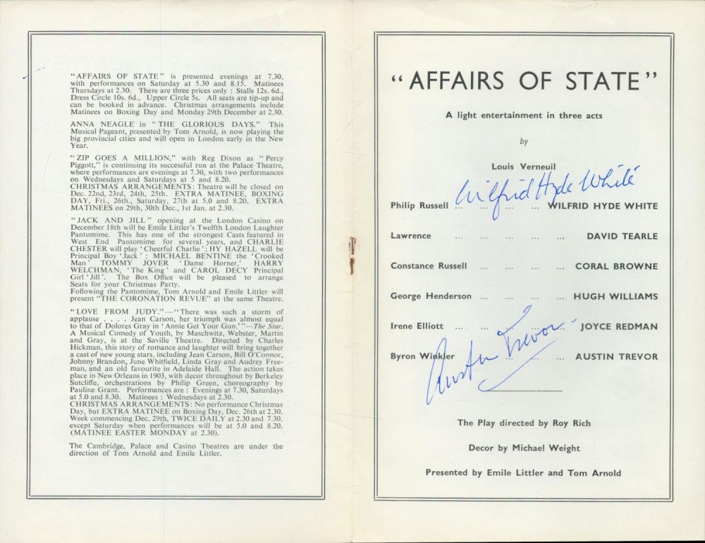 Lot 300: AFFAIRS OF STATE 1952 Theatre Programme signed inside...