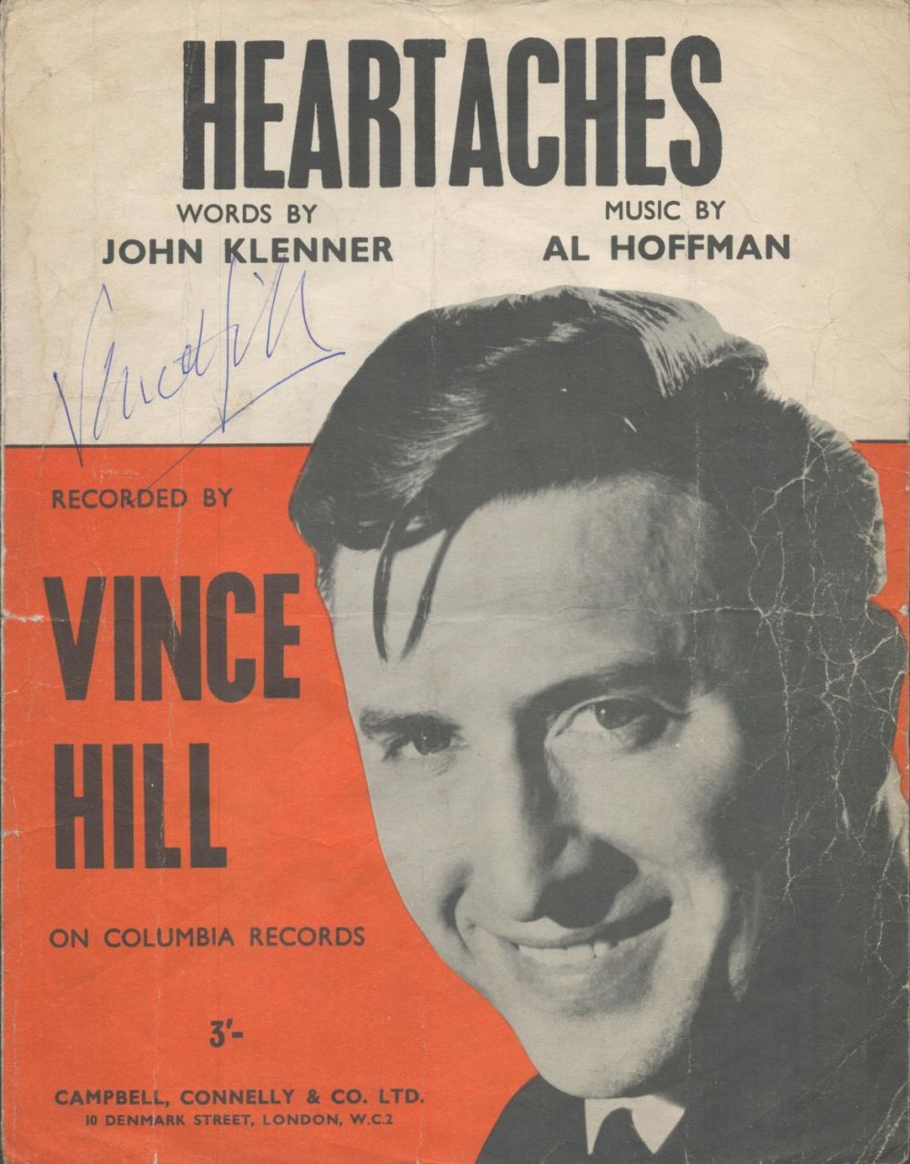 Lot 311: VINCE HILL English Singer signed vintage 'Heartaches' Sheet...