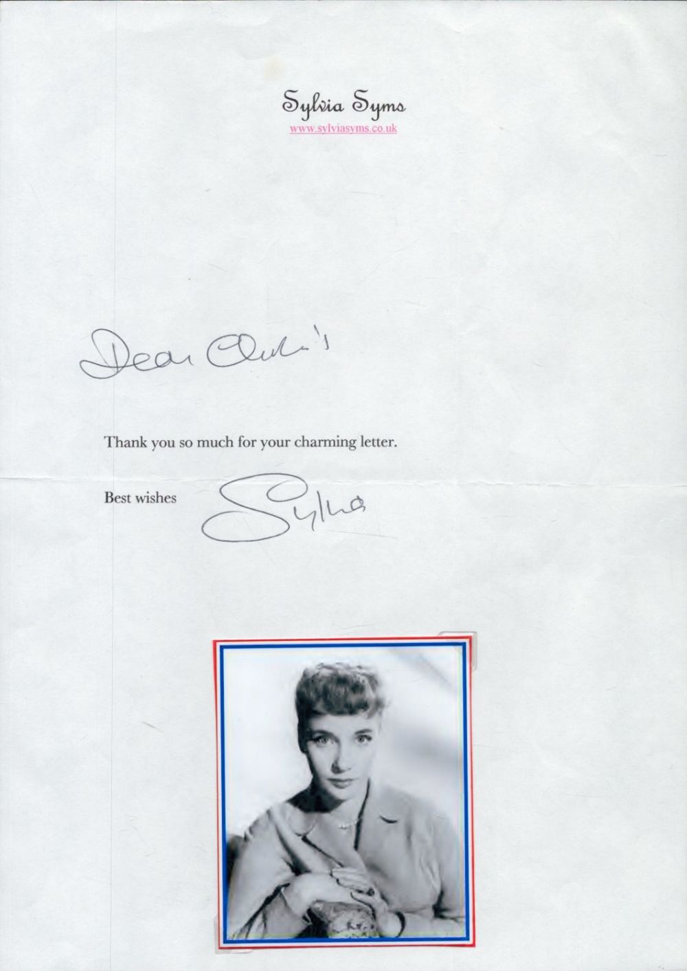 Lot 367: Sylvia Syms TLS, A short thank you letter...