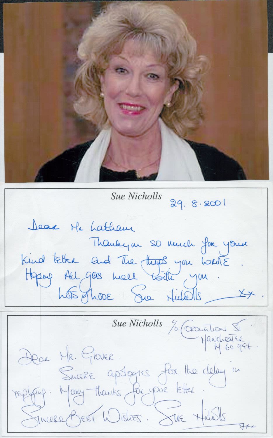 Lot 373: Sue Nicholls 2 x Signed Handwritten thank you...