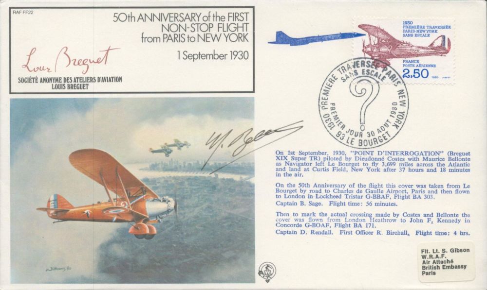 Lot 597: Mons Bellonte Signed and Flown FDC 50th Anniversary...