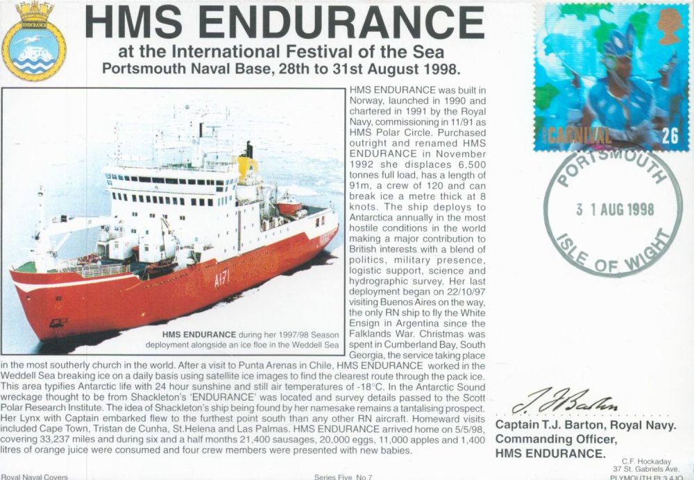 Lot 607: Captain T J Barton Signed FDC HMS Endurance...