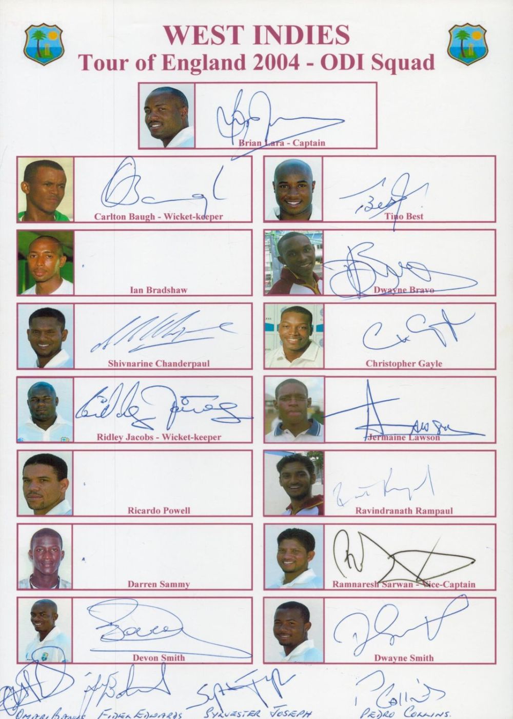 Lot 690: West Indies cricket 2004 signed team sheet. 16...