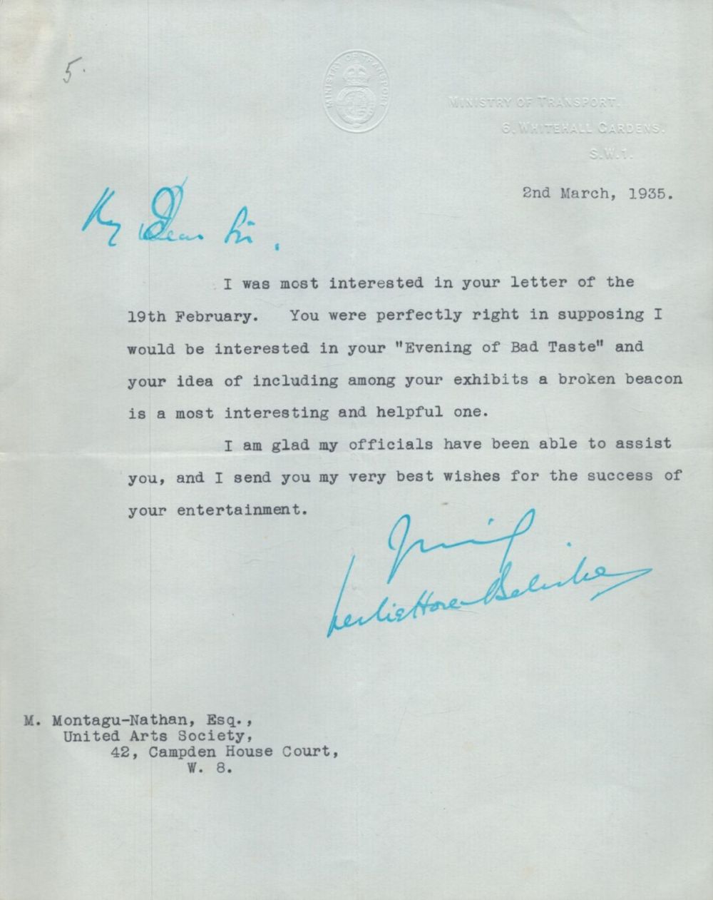 Lot 80: Leslie Hare-Belisha TLS dated 2/3/1935. Good condition. All...