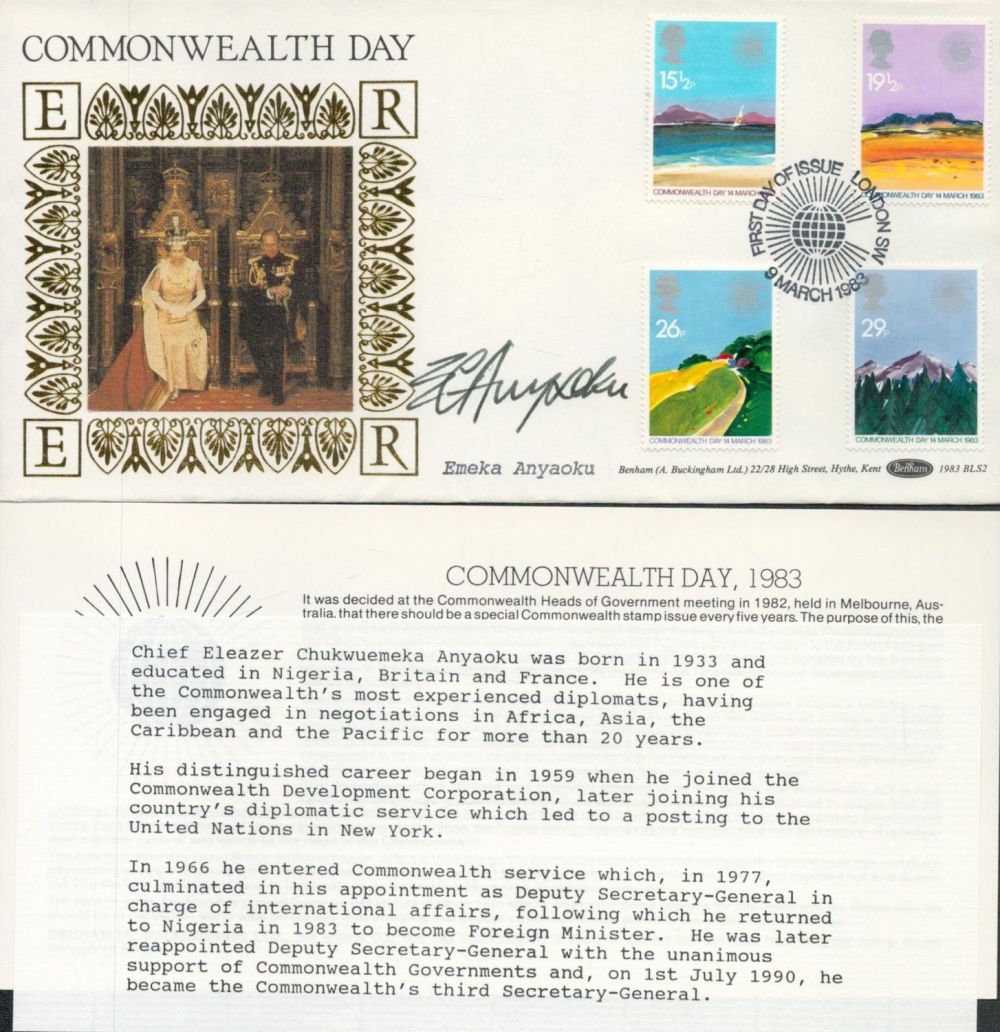 Lot 683: Chief Emeka Anyaoku Signed Benham FDC Commonwealth Day,...
