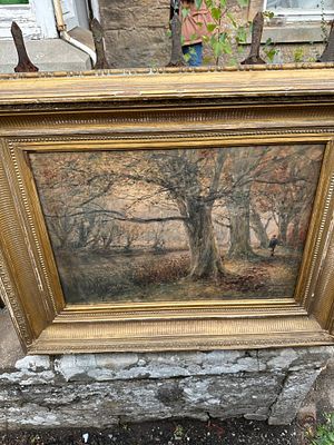 Large Woodland Scene Original. Fisherman in the woods, signed. Watercolour in the woods on 