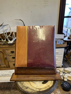 Red/Brown photo album. contains vintage/seasonal postcards and young children portraits