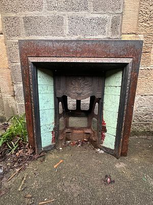 Cast iron Fireplace & Green Tiles. Measures 96cm * 110cm